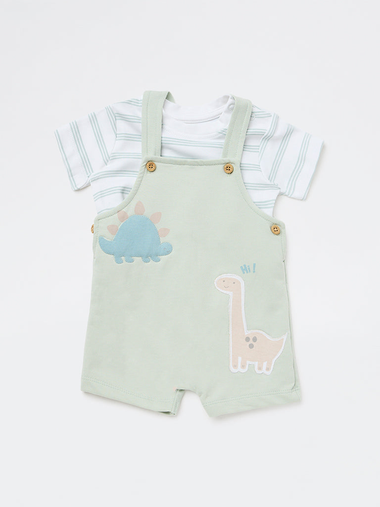 HOP Baby Boys Sage Animal Printed Cotton Dungaree and T-Shirt Set