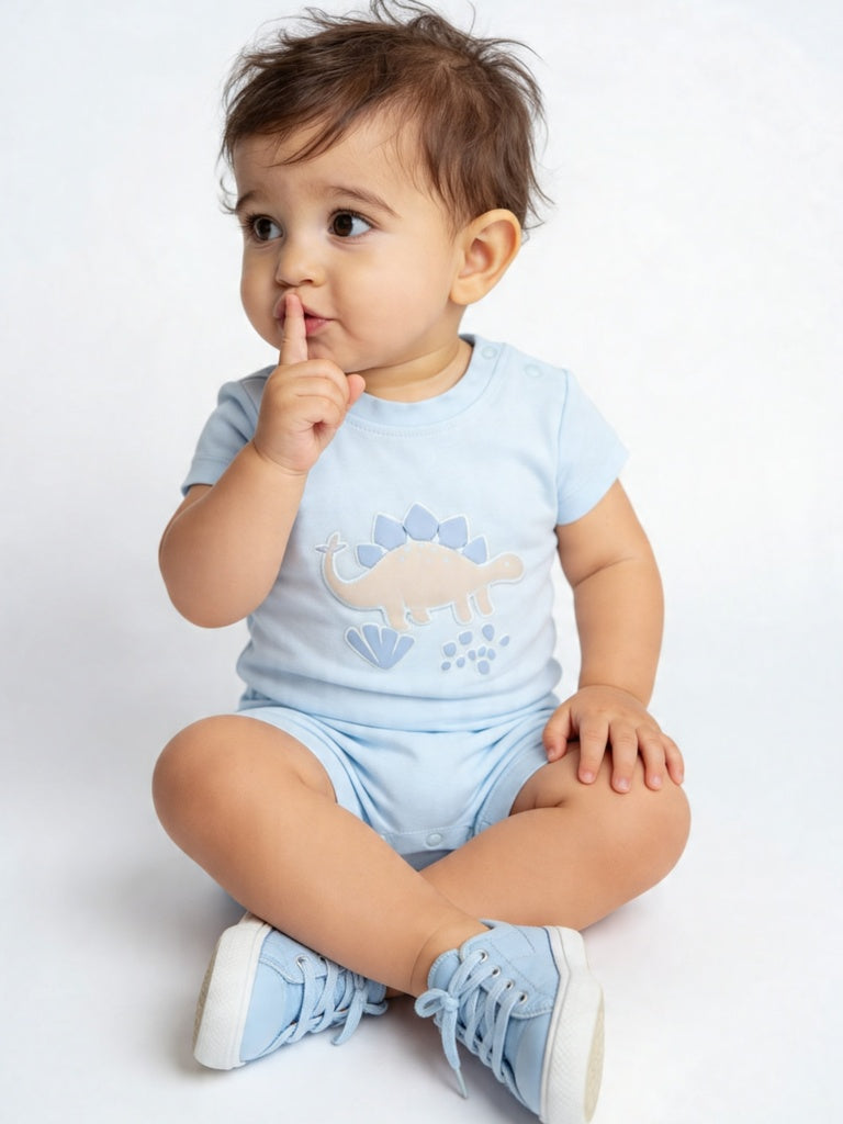 HOP Baby Boys Blue Printed Cotton Rompers (Pack of 3)