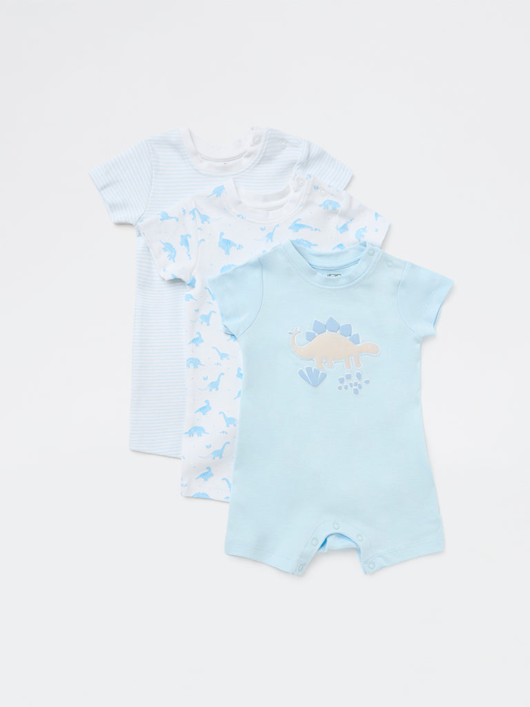 HOP Baby Boys Blue Printed Cotton Rompers (Pack of 3)