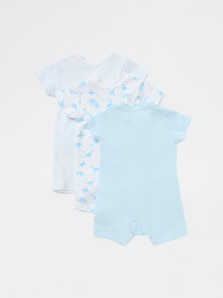 HOP Baby Boys Blue Printed Cotton Rompers (Pack of 3)