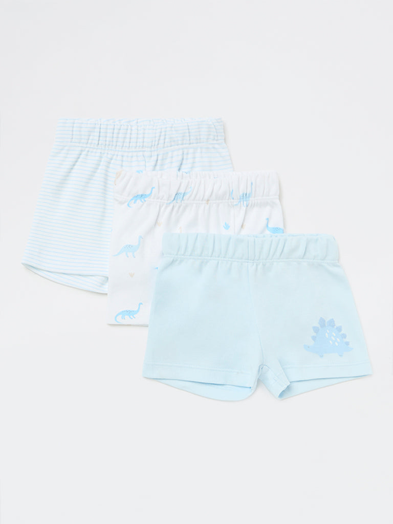 HOP Baby Boys Blue Printed Mid-Rise Cotton Shorts - Pack of 3