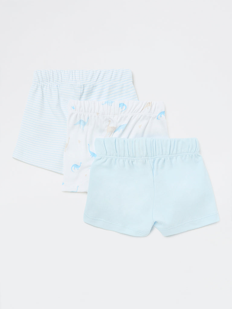 HOP Baby Boys Blue Printed Mid-Rise Cotton Shorts - Pack of 3