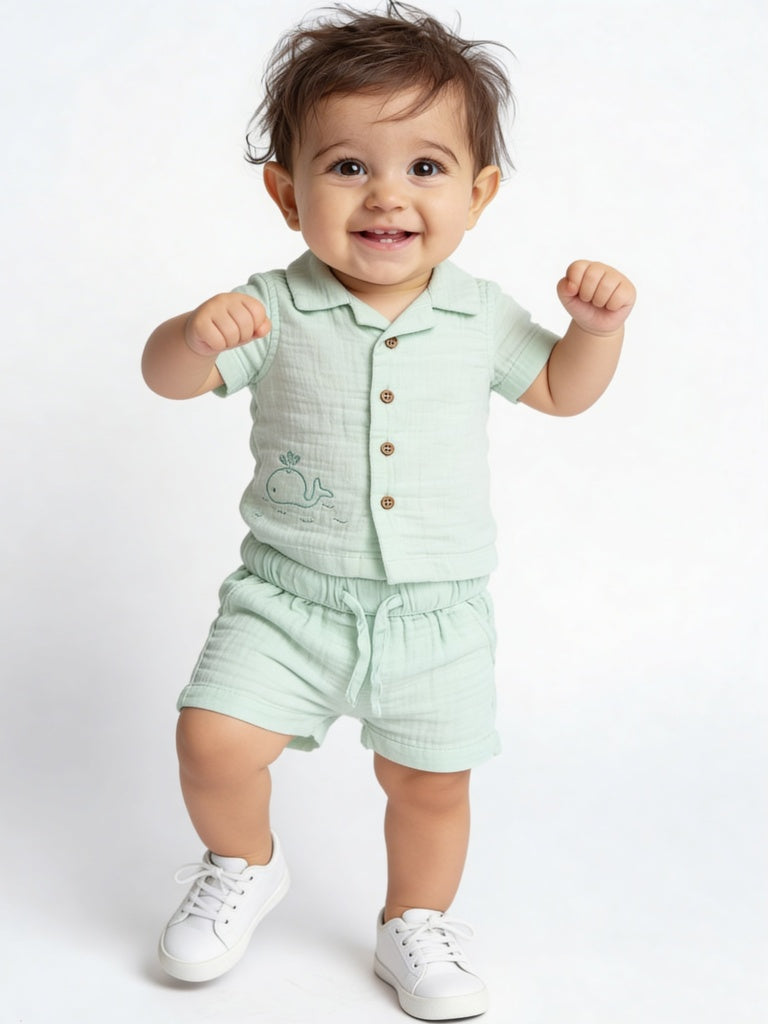 HOP Baby Boys Light Sage Textured Cotton Shirt and Shorts Set
