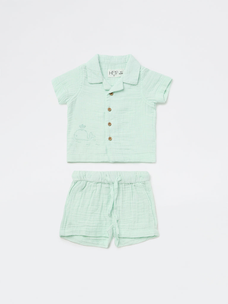 HOP Baby Boys Light Sage Textured Cotton Shirt and Shorts Set