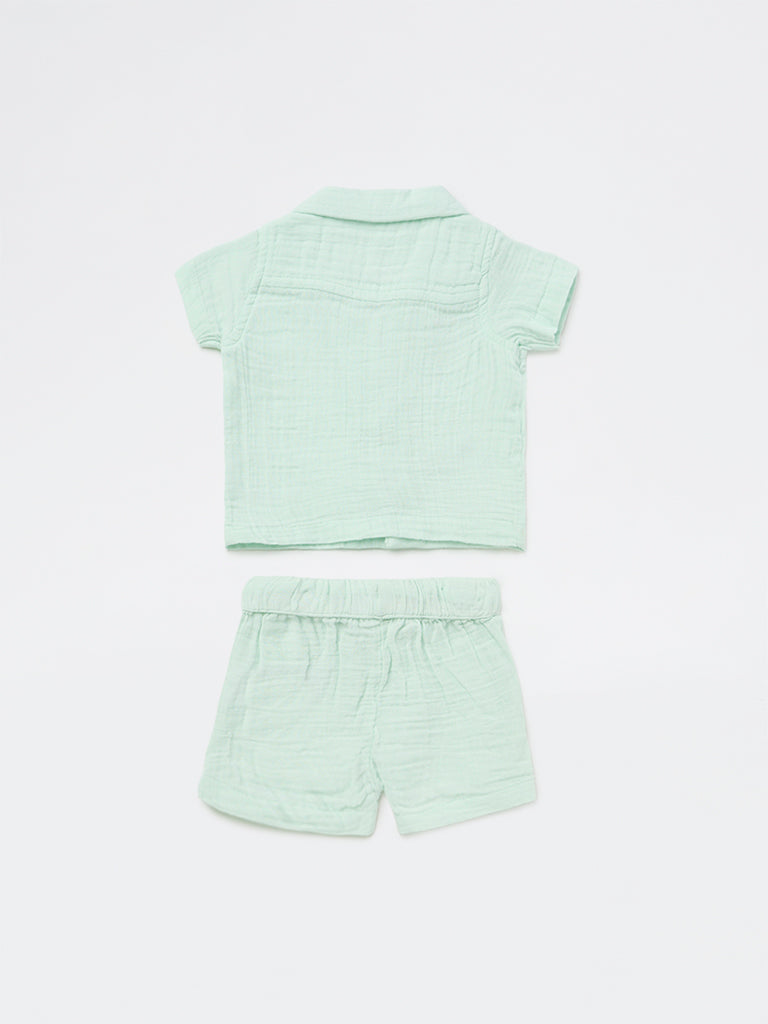 HOP Baby Boys Light Sage Textured Cotton Shirt and Shorts Set