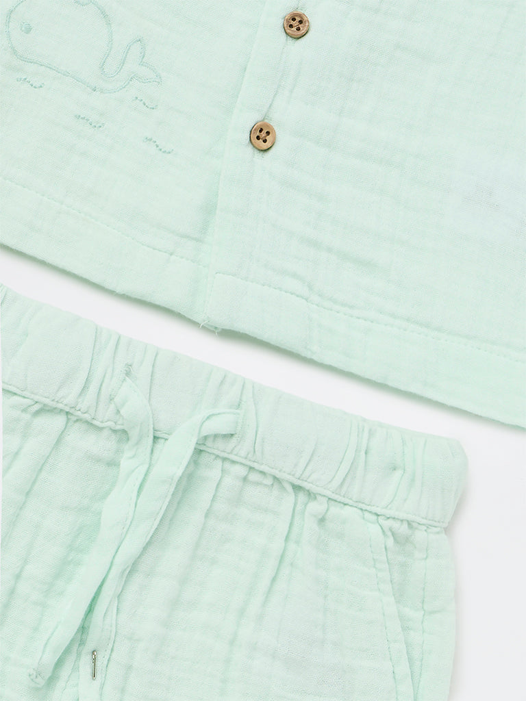 HOP Baby Boys Light Sage Textured Cotton Shirt and Shorts Set