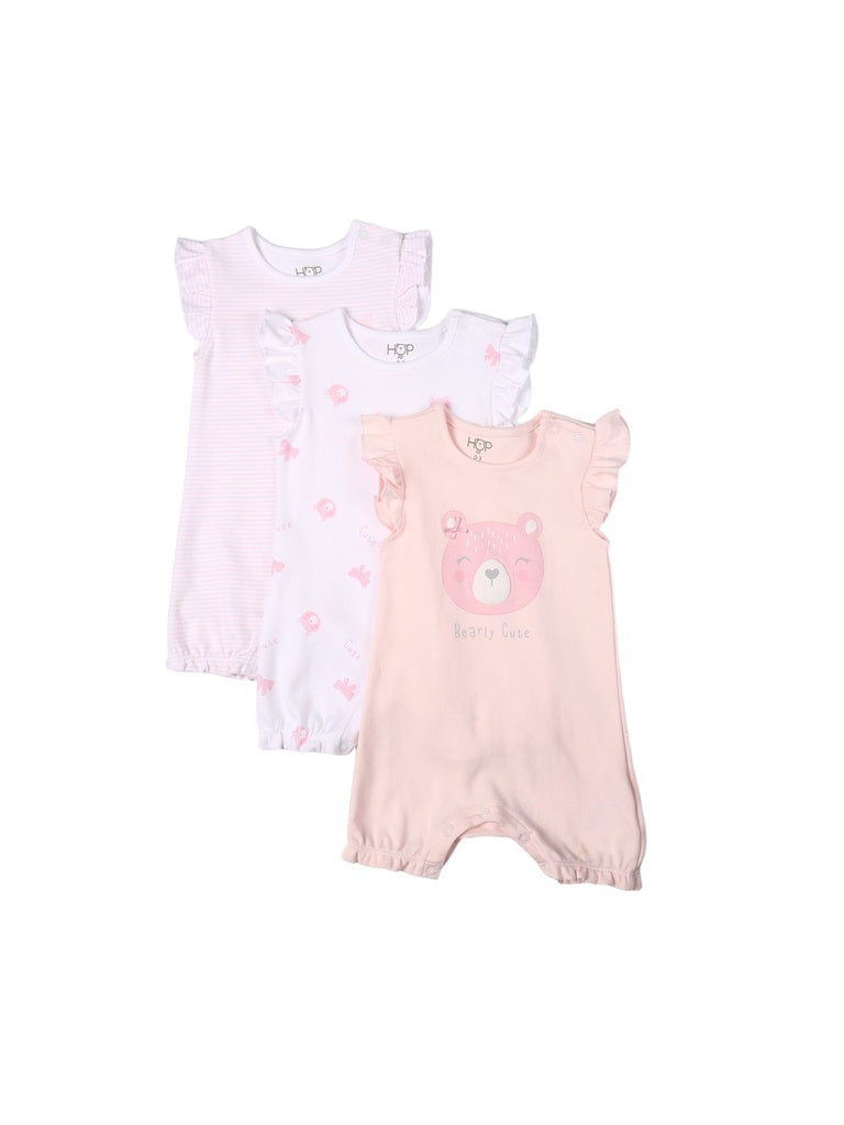 HOP Baby Girls Pink Printed Cotton Romper - Pack of 3