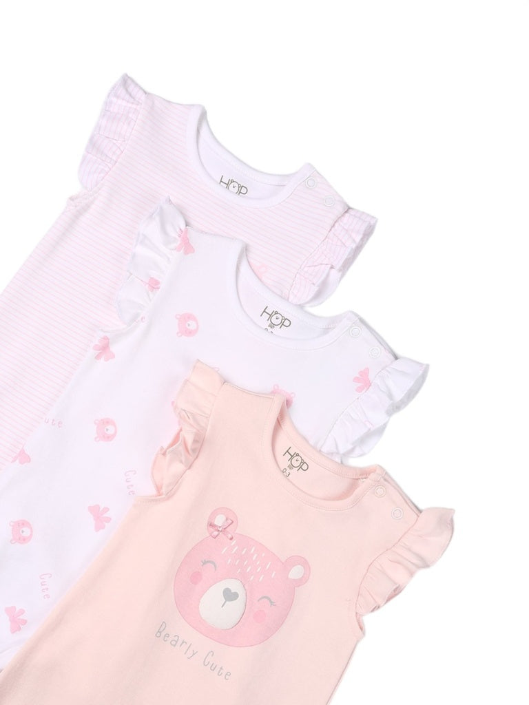HOP Baby Girls Pink Printed Cotton Romper - Pack of 3