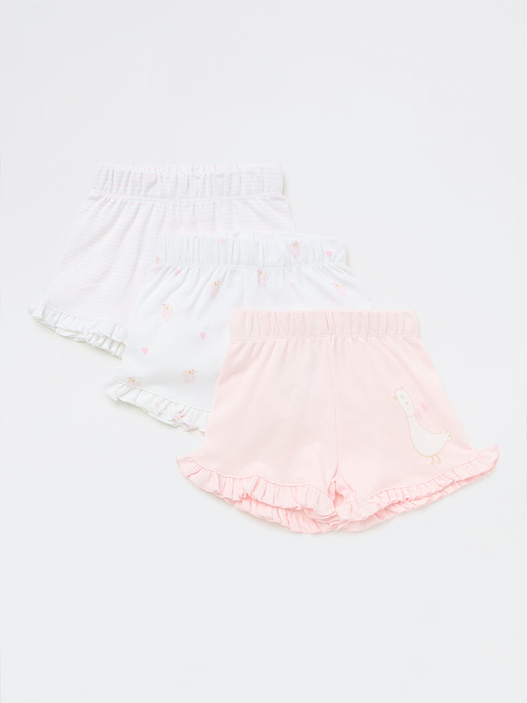 HOP Baby Girls Pink Printed High-Rise Cotton Shorts - Pack of 3