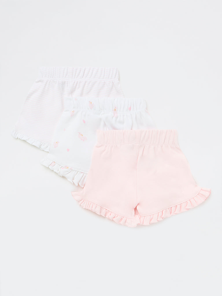 HOP Baby Girls Pink Printed High-Rise Cotton Shorts - Pack of 3