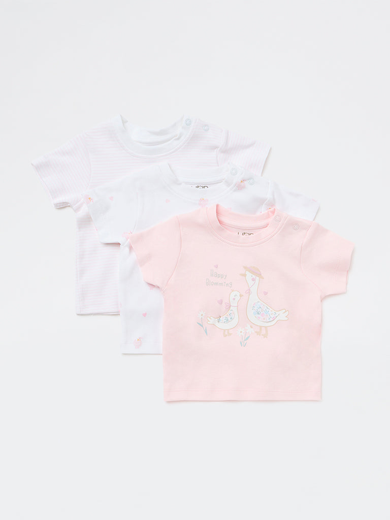 HOP Baby Girls Pink Printed Cotton T-Shirts (Pack of 3)