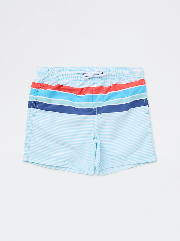 HOP Kids Boys Light Blue Striped Mid-Rise Swim Shorts