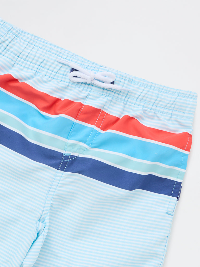 HOP Kids Boys Light Blue Striped Mid-Rise Swim Shorts