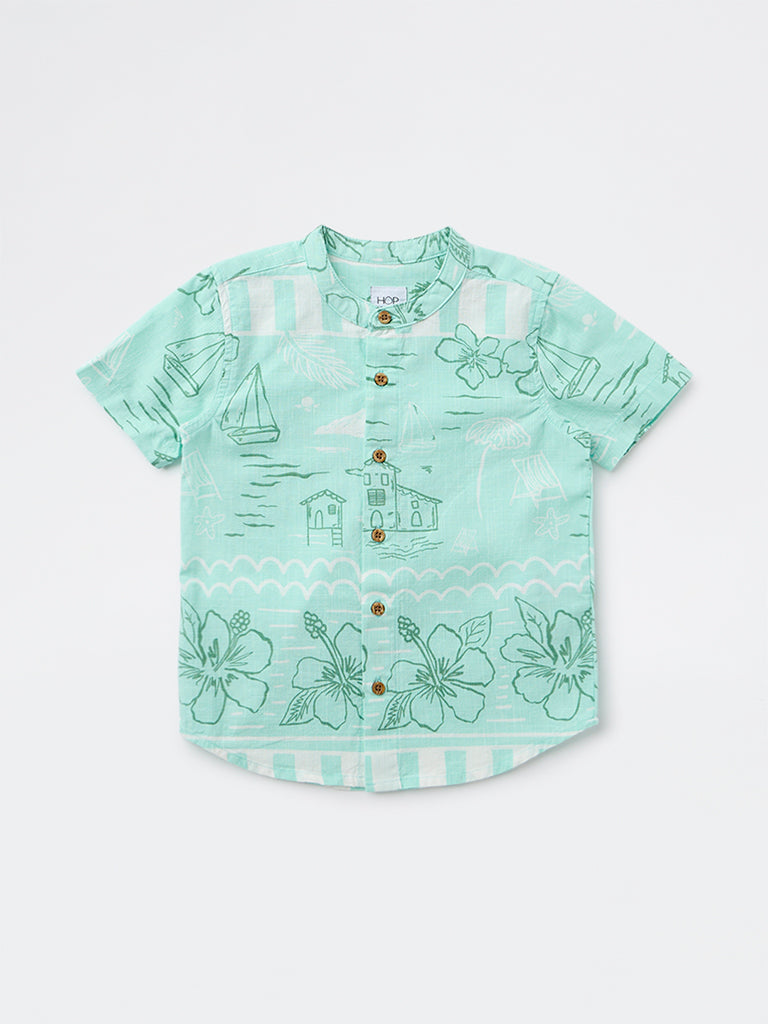HOP Kids Boys Sea Green Printed Cotton Shirt
