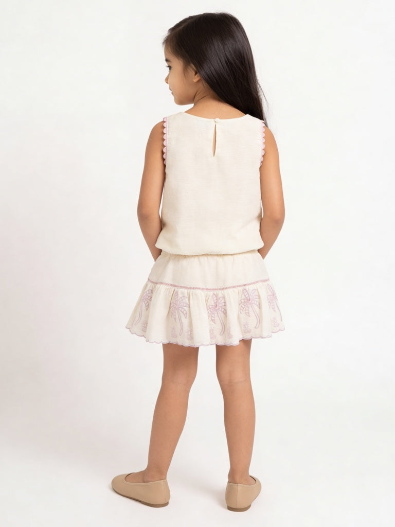 HOP Kids Girls Off White Embroidered Cotton Top and Skirt Set