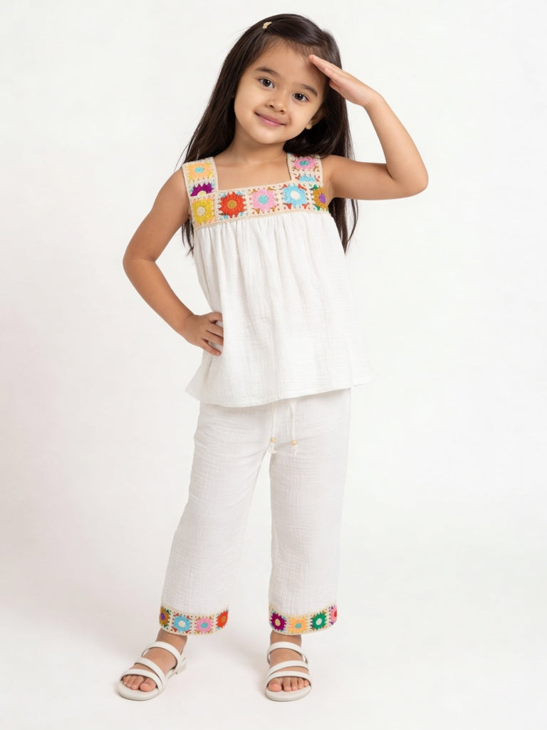 HOP Kids Girls White Floral Embroidered Cotton Top