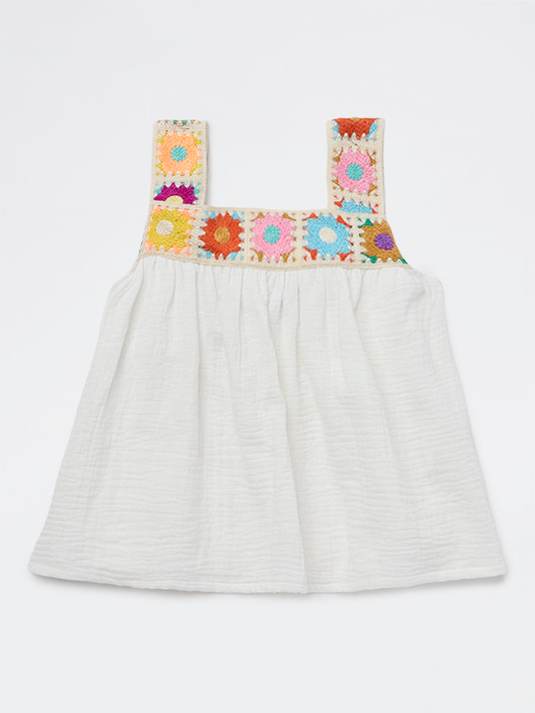 HOP Kids Girls White Floral Embroidered Cotton Top