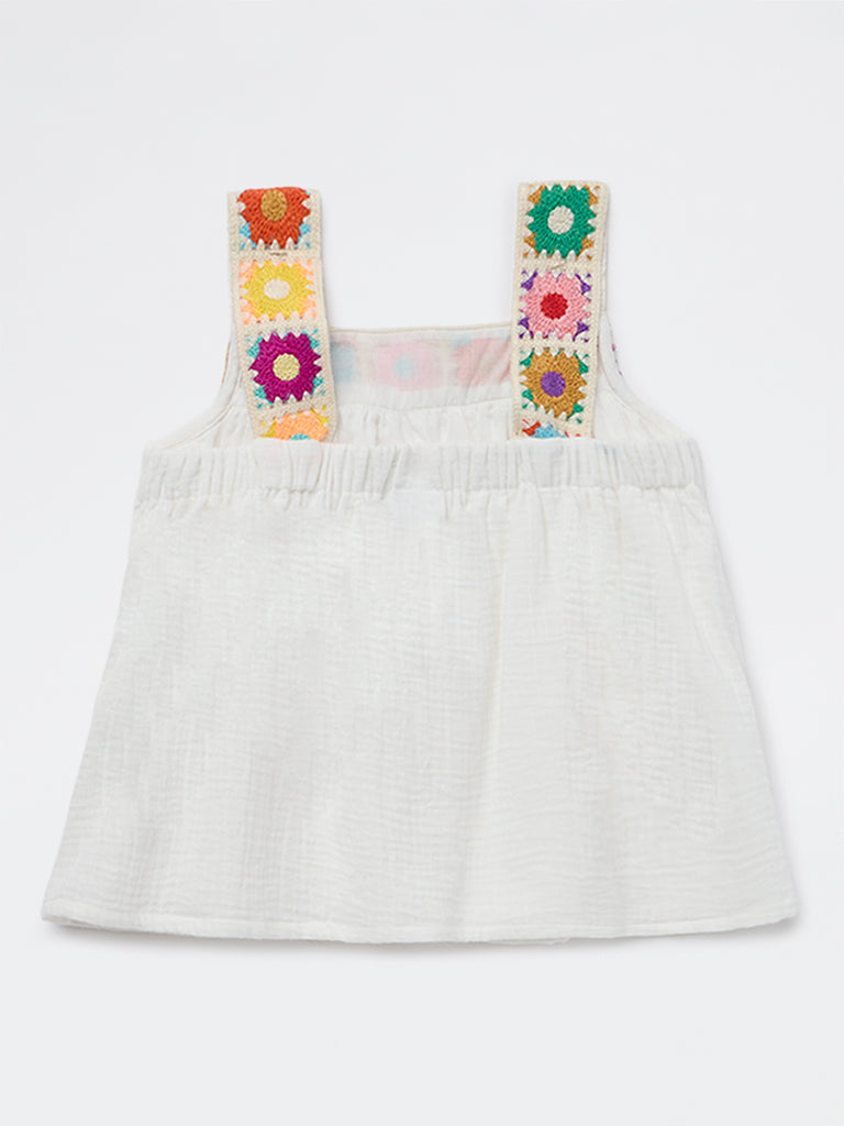 HOP Kids Girls White Floral Embroidered Cotton Top