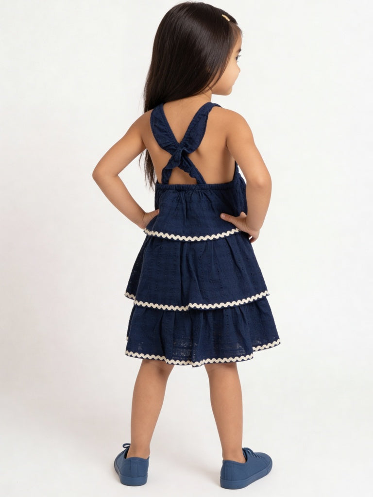 HOP Kids Girls Navy Seersucker-Textured Cotton Tiered Dress
