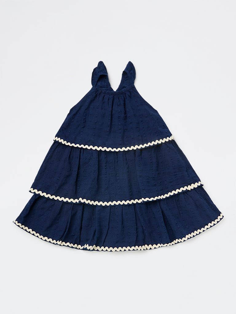 HOP Kids Girls Navy Seersucker-Textured Cotton Tiered Dress