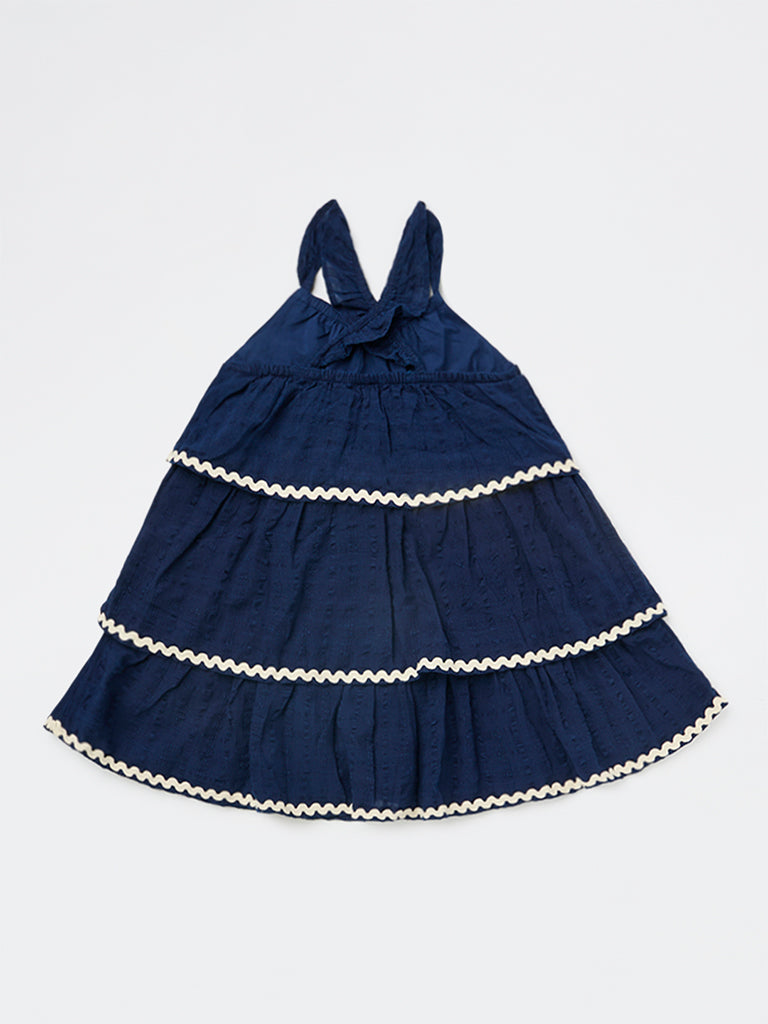 HOP Kids Girls Navy Seersucker-Textured Cotton Tiered Dress