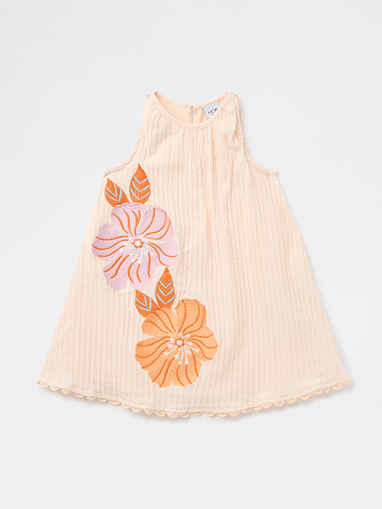 HOP Kids Girls Peach Embroidered A-Line Cotton-Blend Dress