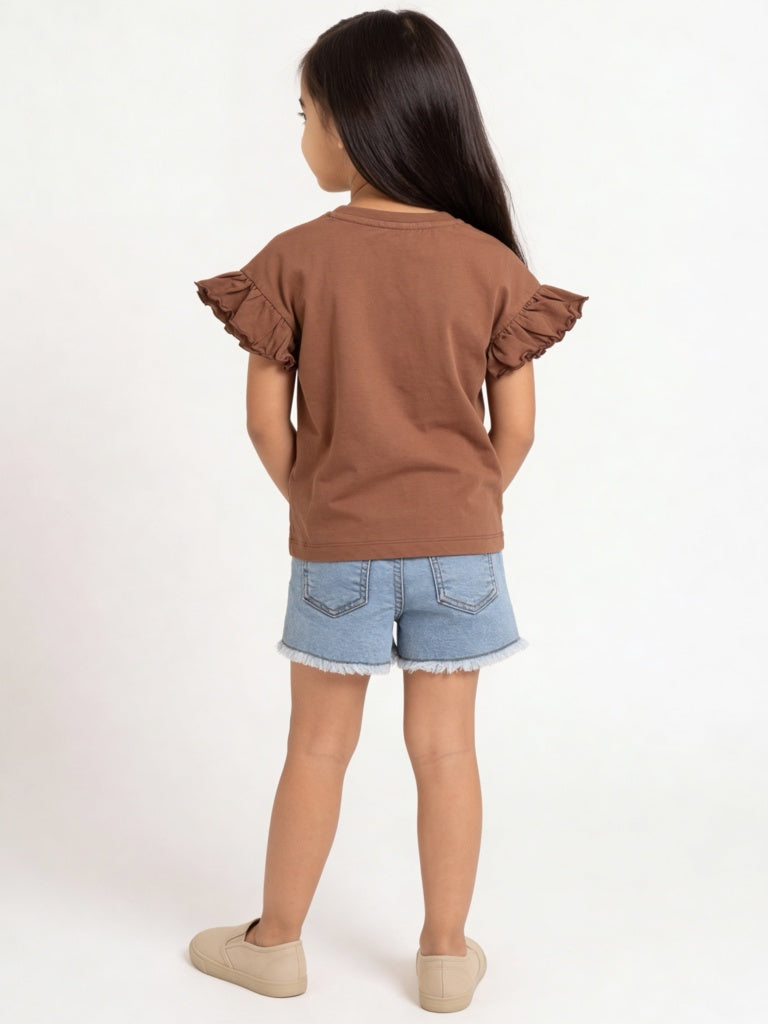 HOP Kids Girls Brown Floral Embroidered Cotton Top