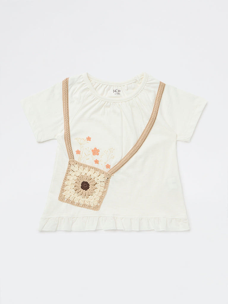 HOP Kids Girls Off-White Embroidered Crocheted Cotton Top