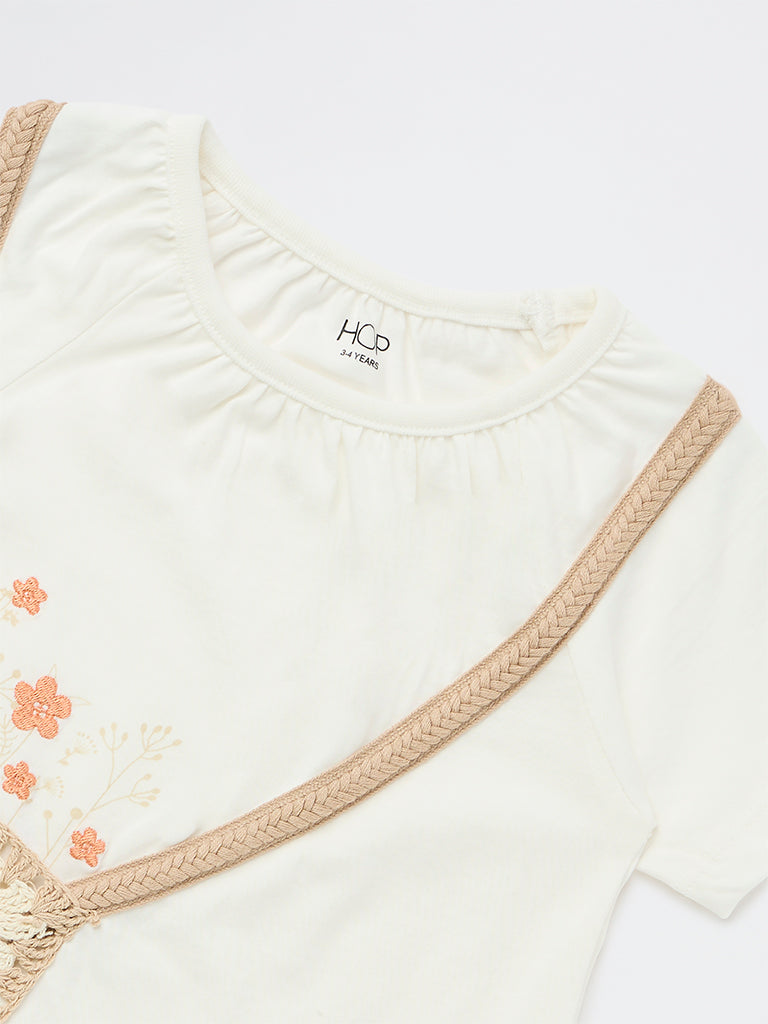 HOP Kids Girls Off-White Embroidered Crocheted Cotton Top