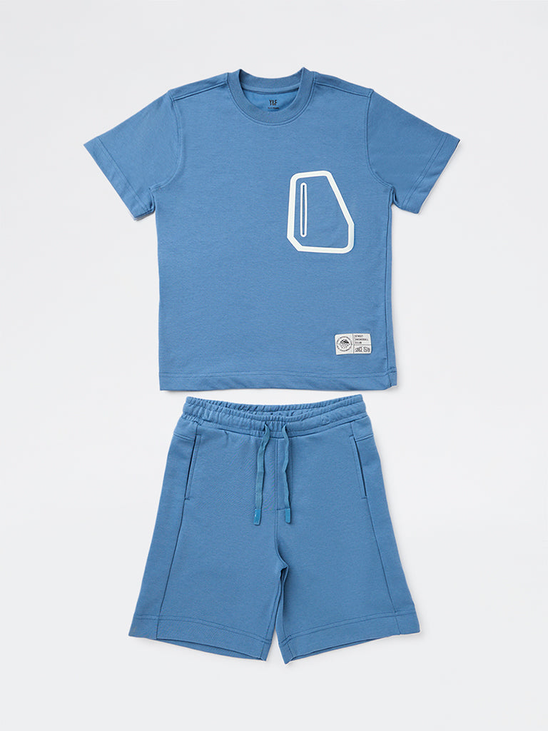 Boys Blue Cotton-Blend T-Shirt and Shorts Set