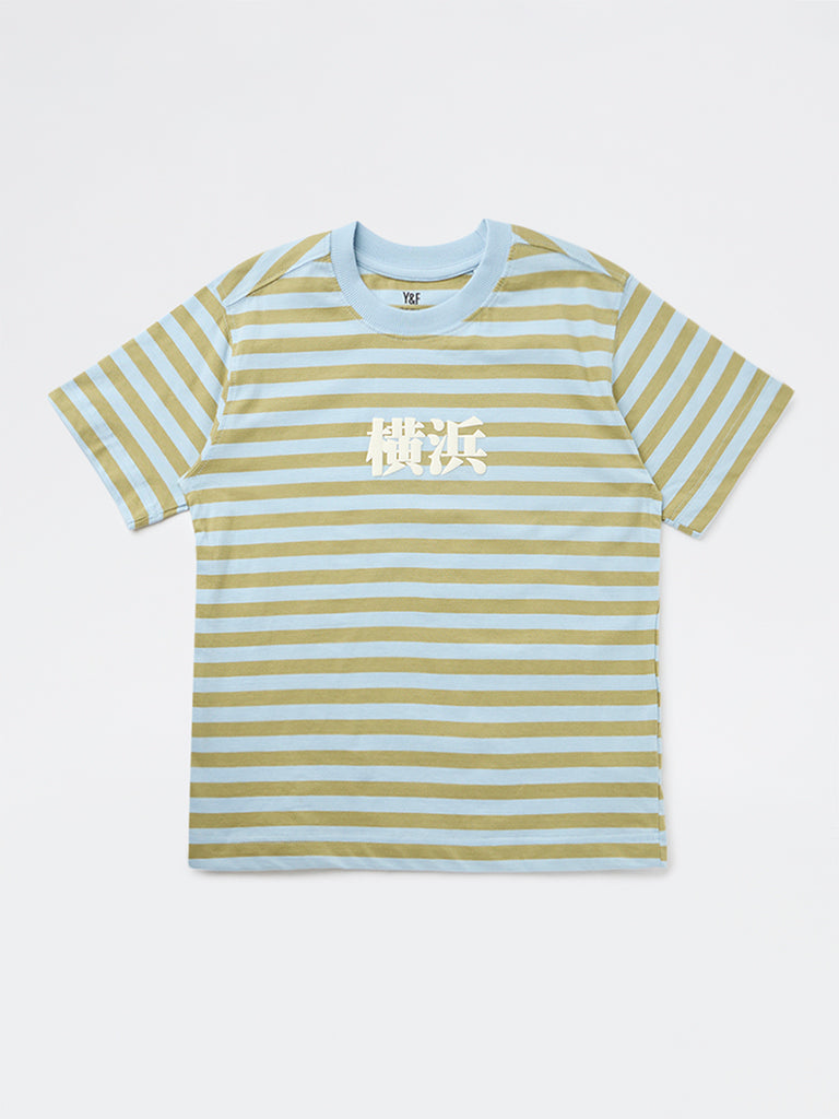Boys Green Striped Cotton T-Shirt