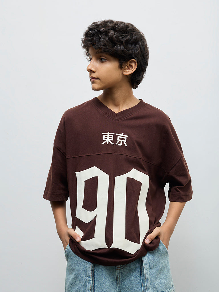 Boys Brown Numerical Printed Cotton T-Shirt