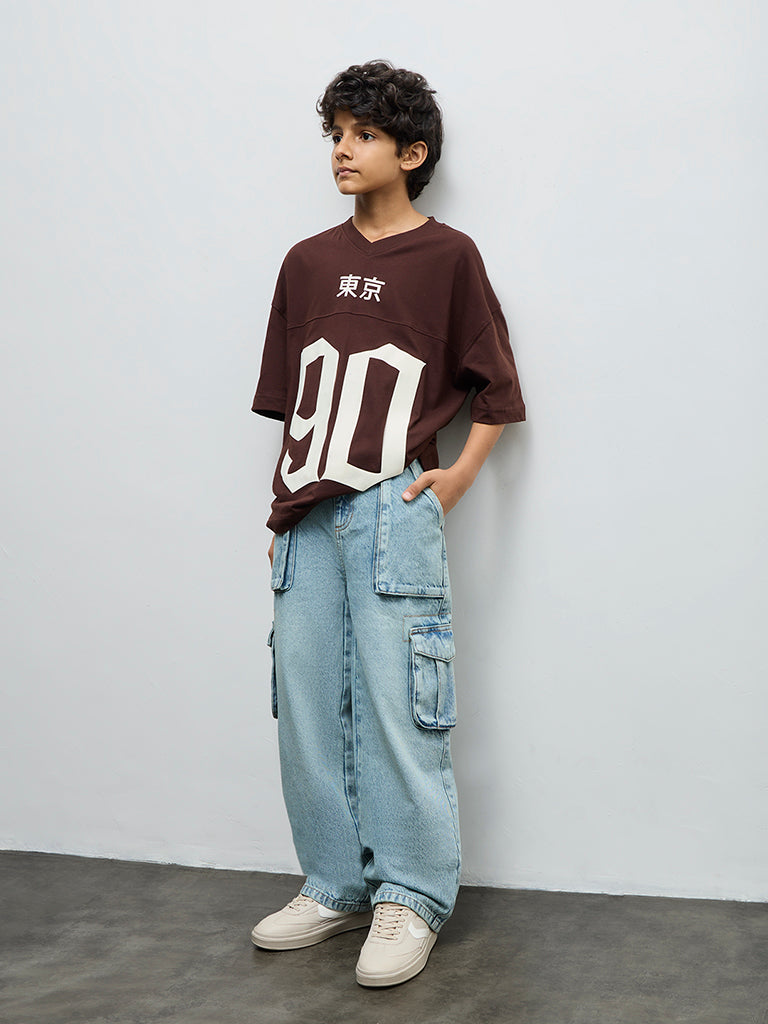 Boys Brown Numerical Printed Cotton T-Shirt