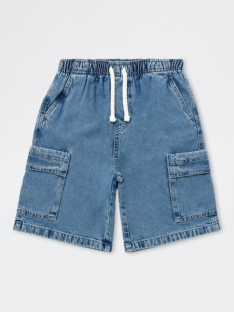 Boys Blue Washed Mid-Rise Denim Cargo Shorts