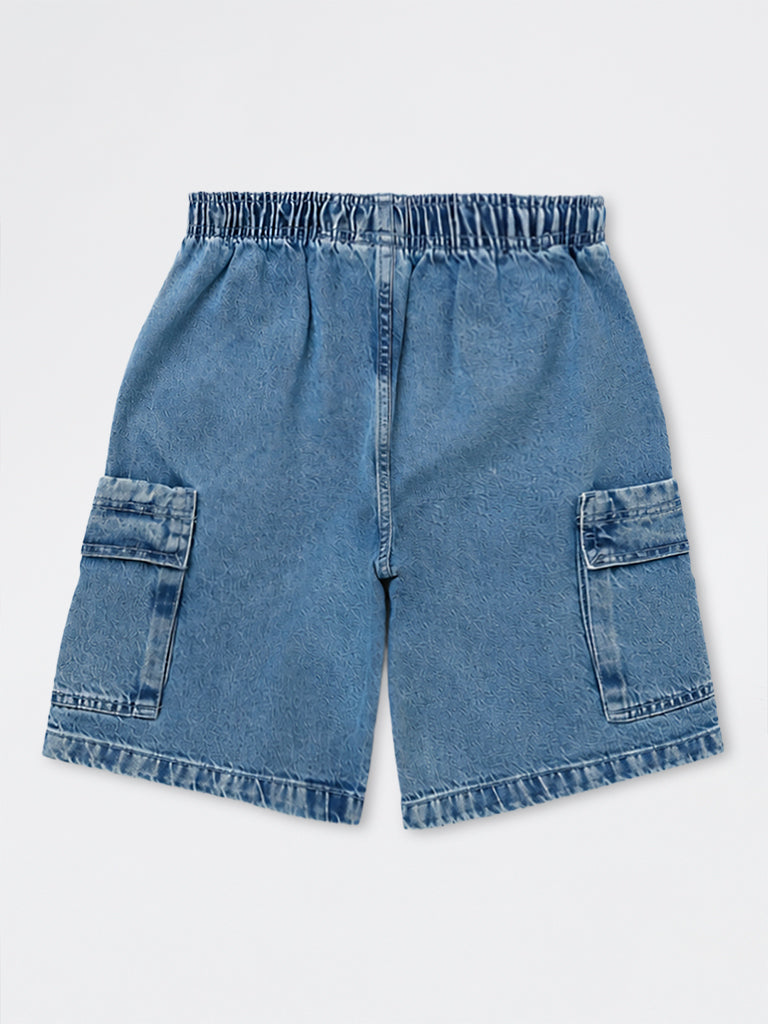 Boys Blue Washed Mid-Rise Denim Cargo Shorts