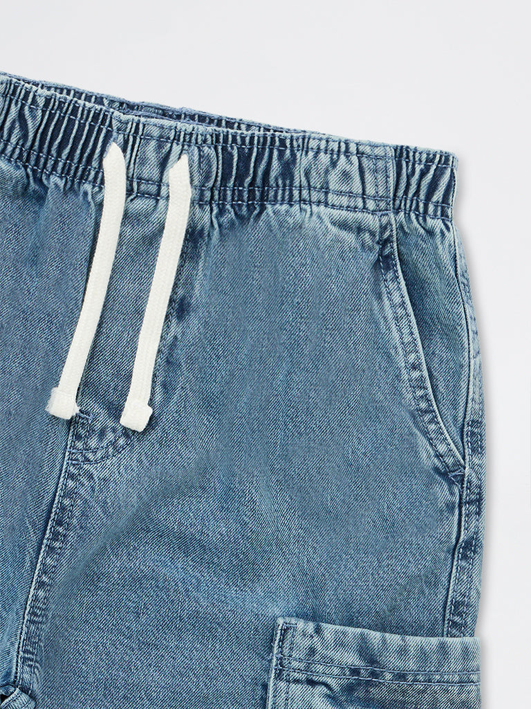 Boys Blue Washed Mid-Rise Denim Cargo Shorts