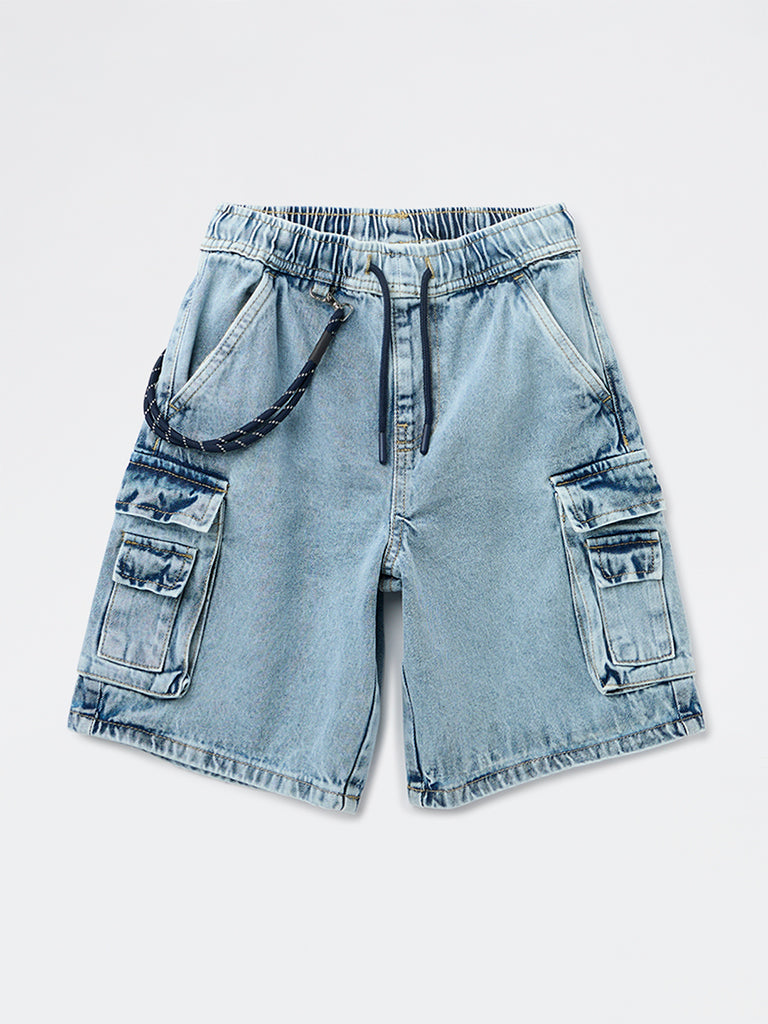 Boys Light Blue Mid-Rise Cotton Cargo Shorts