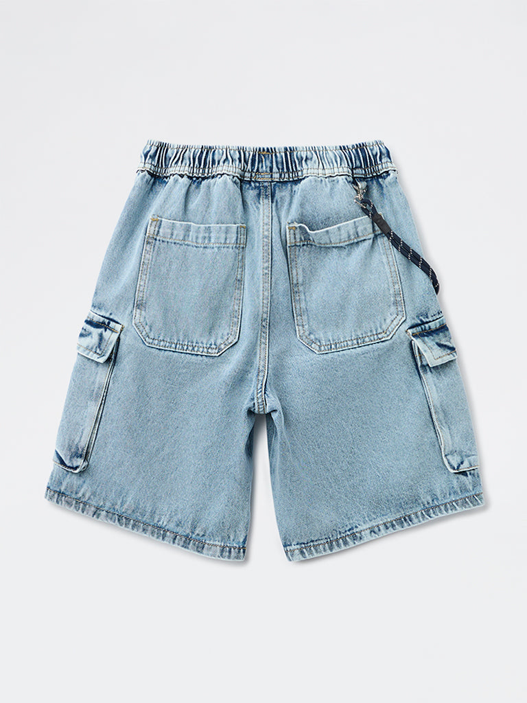 Boys Light Blue Mid-Rise Cotton Cargo Shorts