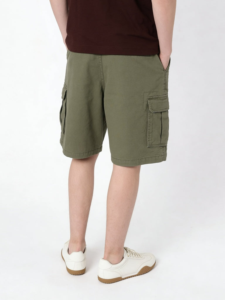 Boys Olive Cotton Linen Blend Regular Fit Shorts