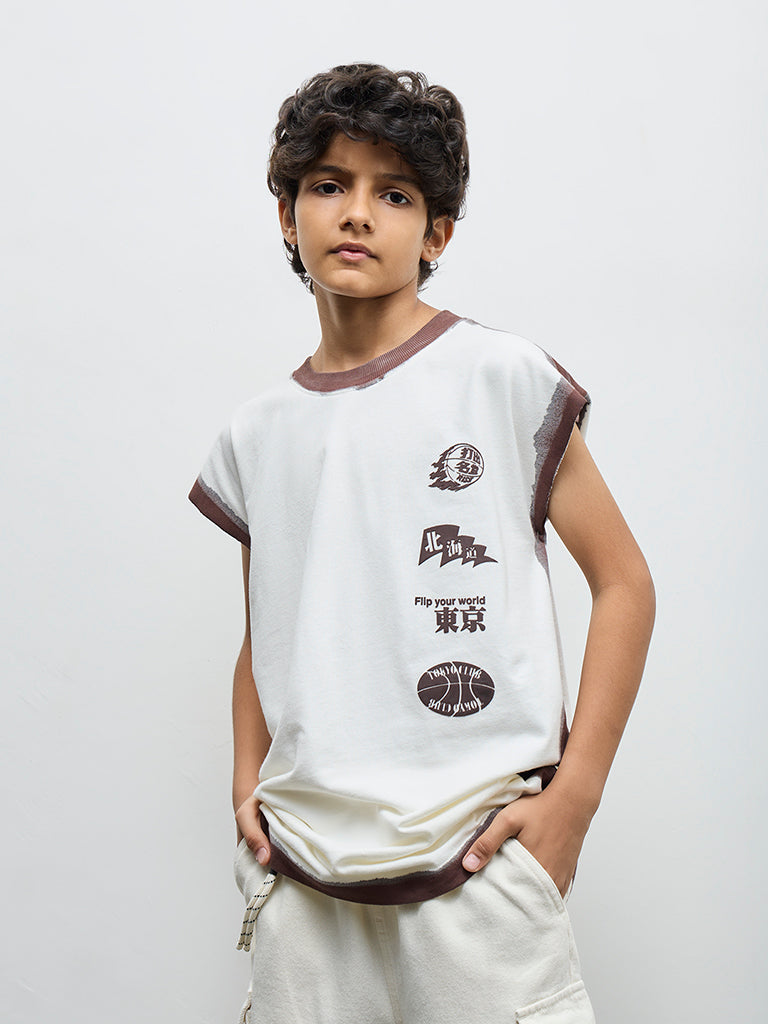 Boys Off-White Printed Cotton T-Shirt