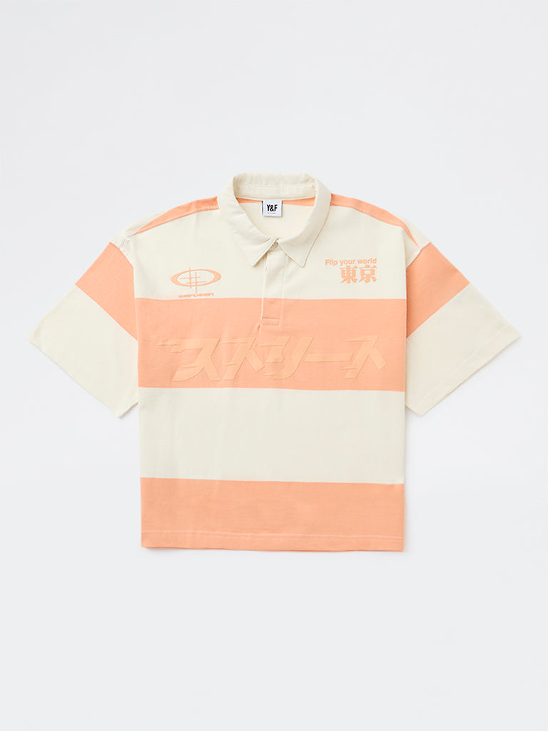 Boys Orange Colour-Blocked Cotton Polo T-Shirt