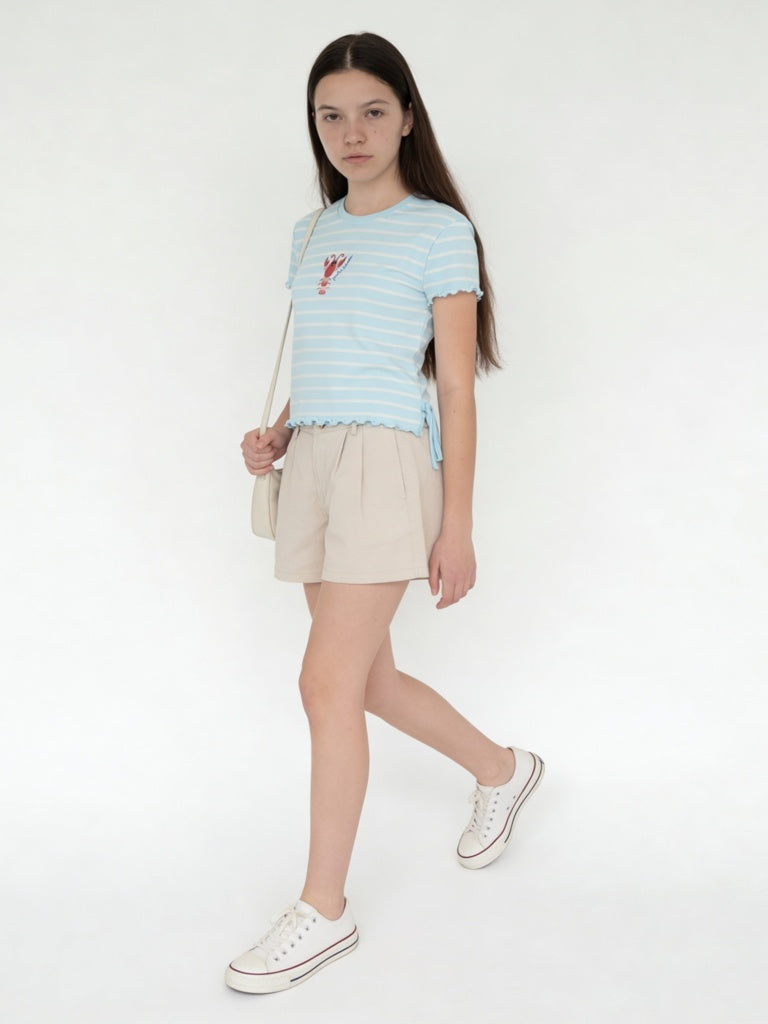 Girls Blue Striped Cotton-Blend T-Shirt
