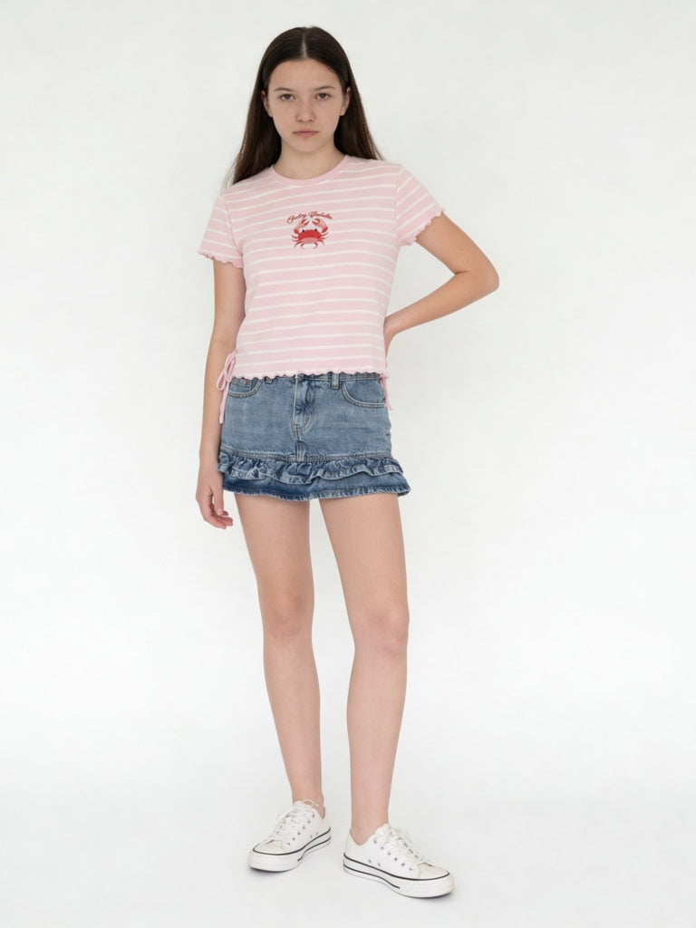 Girls Pink Striped Cotton-Blend T-Shirt