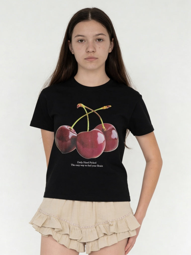 Girls Black Graphic Printed Cotton T-Shirt