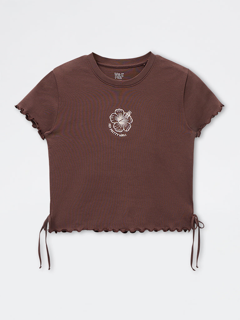 Girls Brown Embroidered Cotton-Blend T-Shirt
