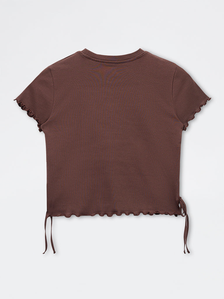 Girls Brown Embroidered Cotton-Blend T-Shirt