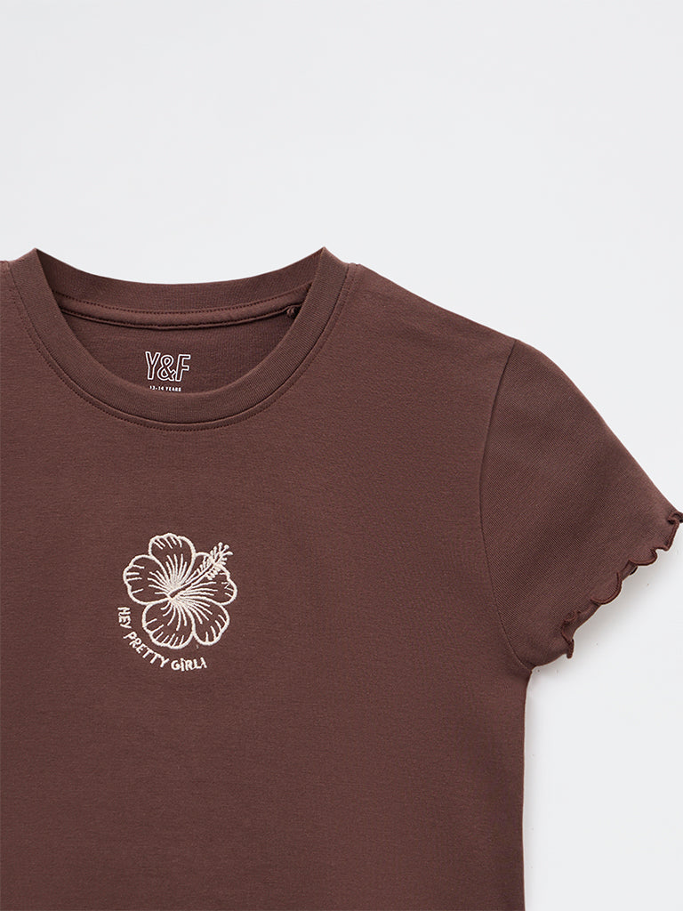 Girls Brown Embroidered Cotton-Blend T-Shirt
