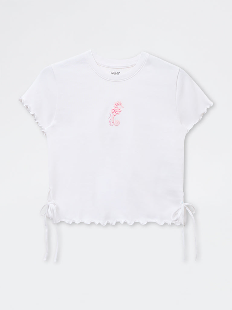 Girls White Embroidered Cotton-Blend T-Shirt