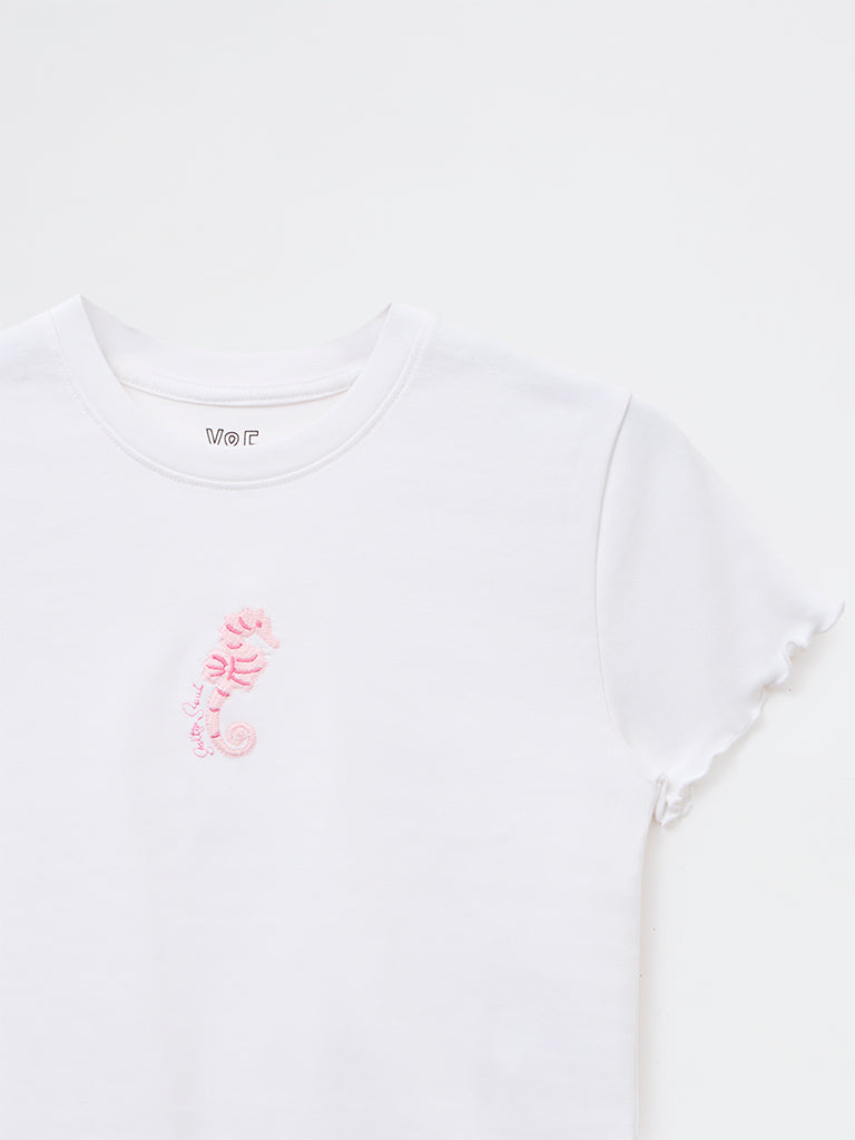 Girls White Embroidered Cotton-Blend T-Shirt
