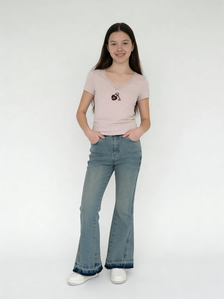 Girls Light Blue Raw Hem Flared Jeans